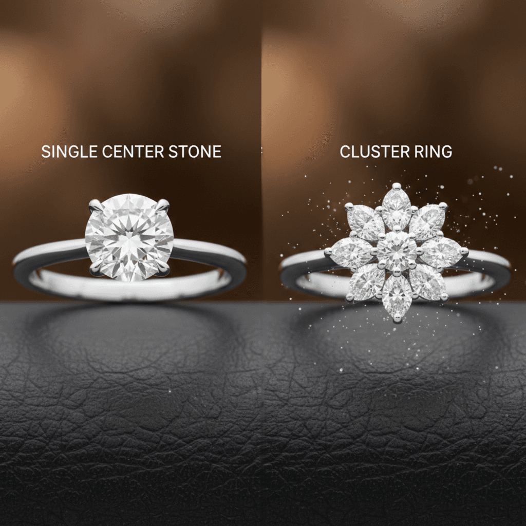 Cluster ring and solitaire ring side by side comparison
