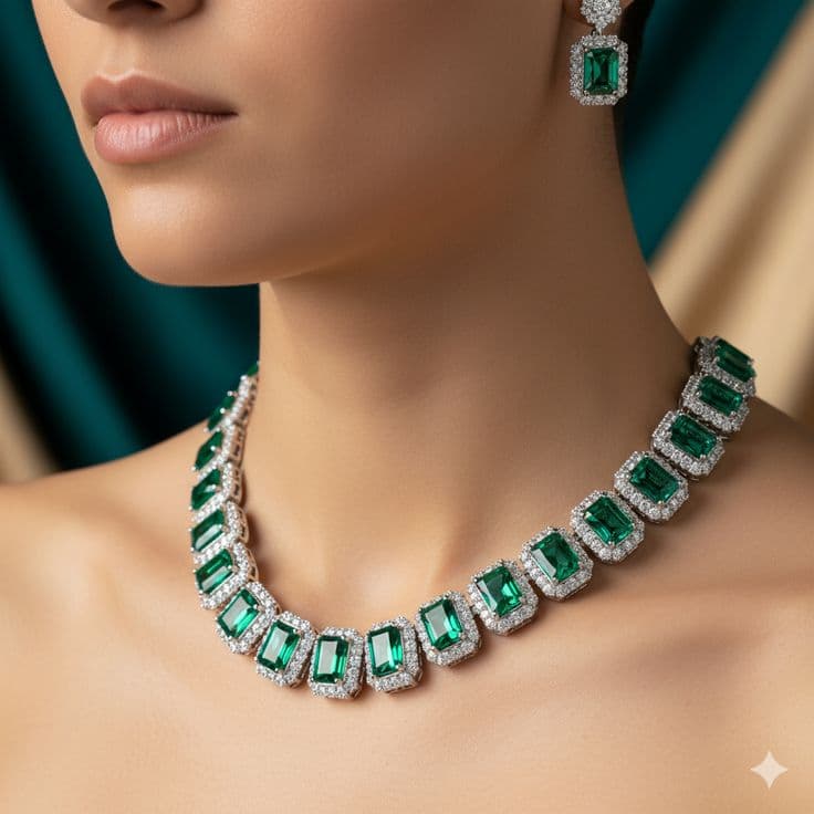 Emerald-cut diamond halo necklace in white gold