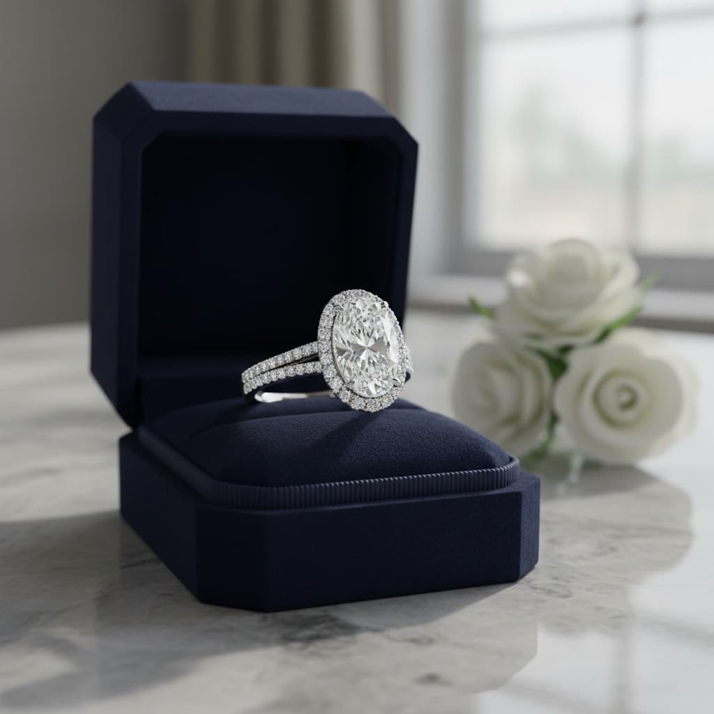 Platinum oval-cut diamond solitaire with French pavé band