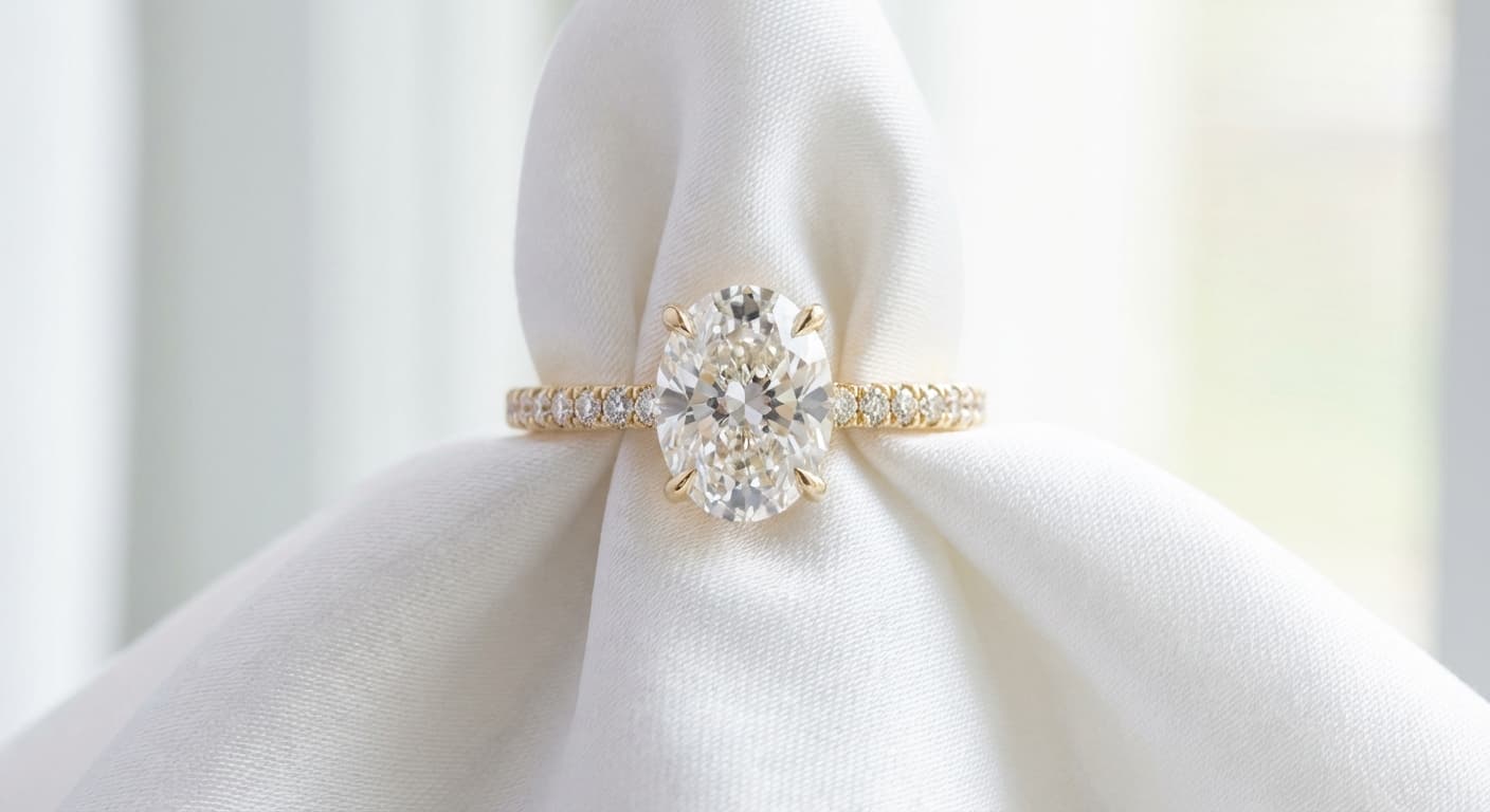 Oval solitaire engagement ring with a pavé band on white silk